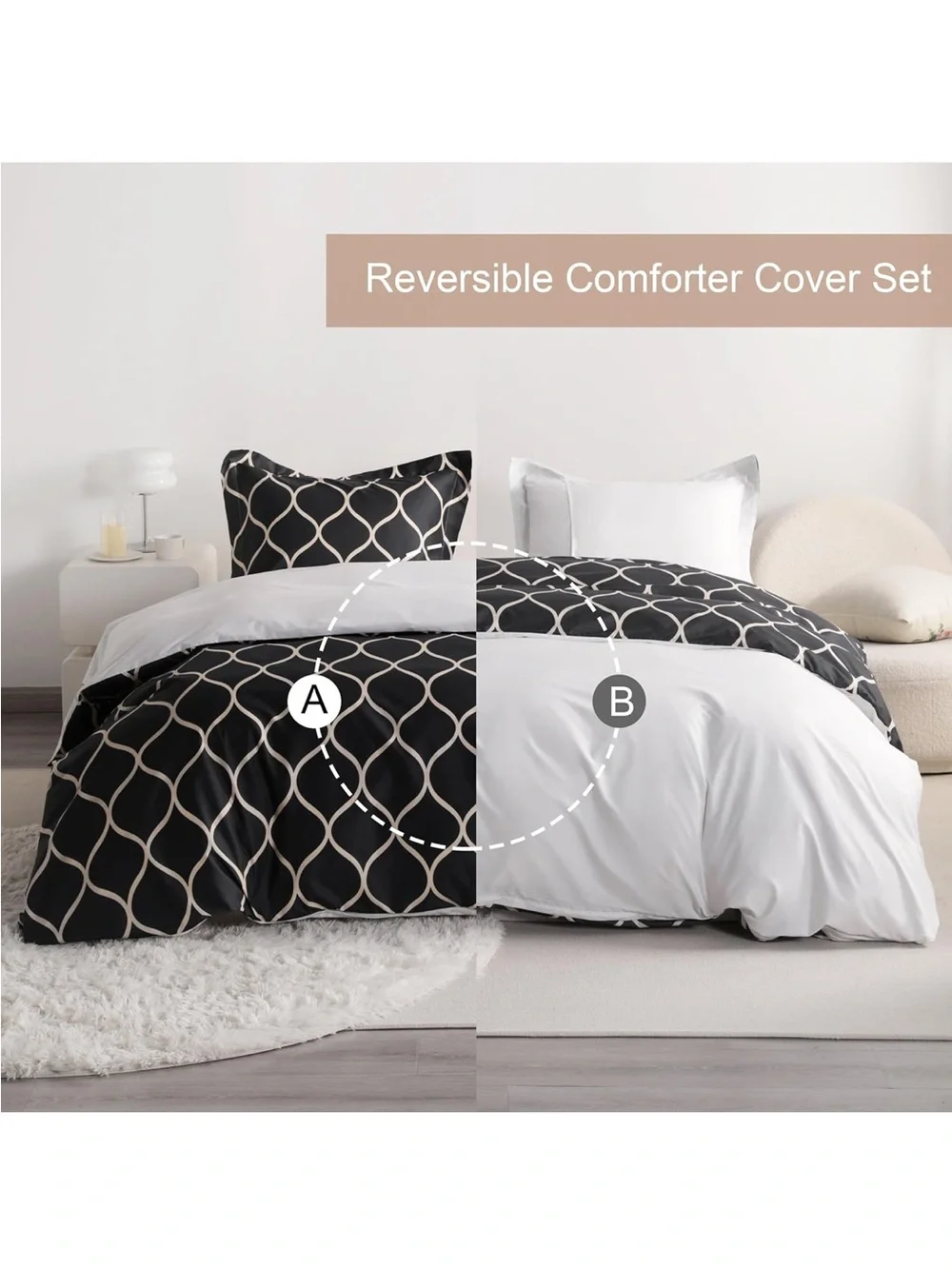 King Reversible Black and Beige Lattice Duvet Cover Set - Picture 2 of 6